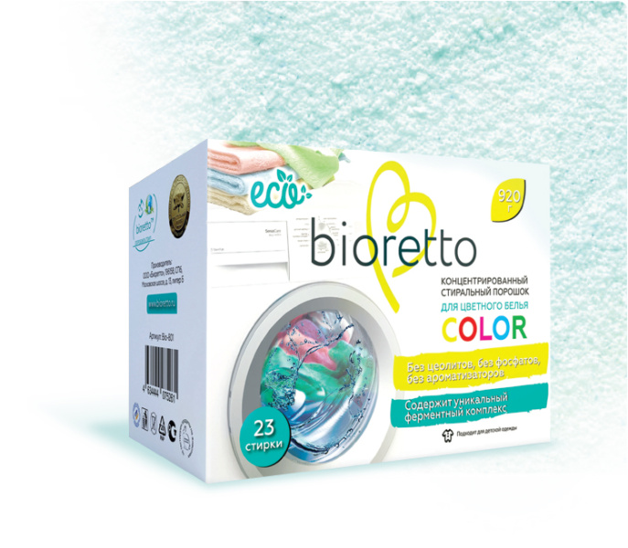 Концентрированный стиральный  порошок для цветного белья  bioretto, “Color”, 920 г