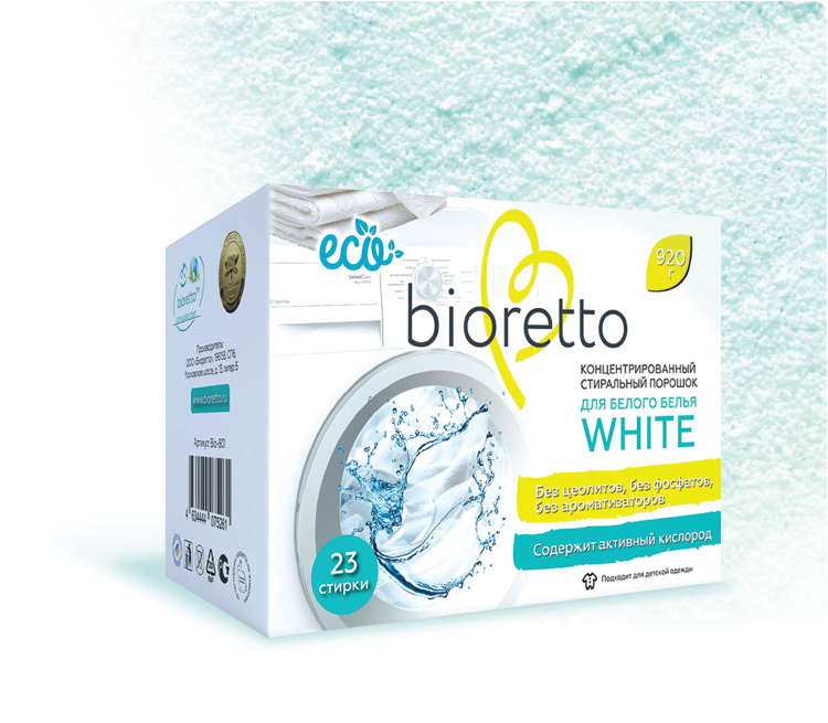 картинка Концентрированный стиральный  порошок для белого белья  bioretto, “White”, 920 г в интернет-магазине российской торгово-производственной компани bioretto