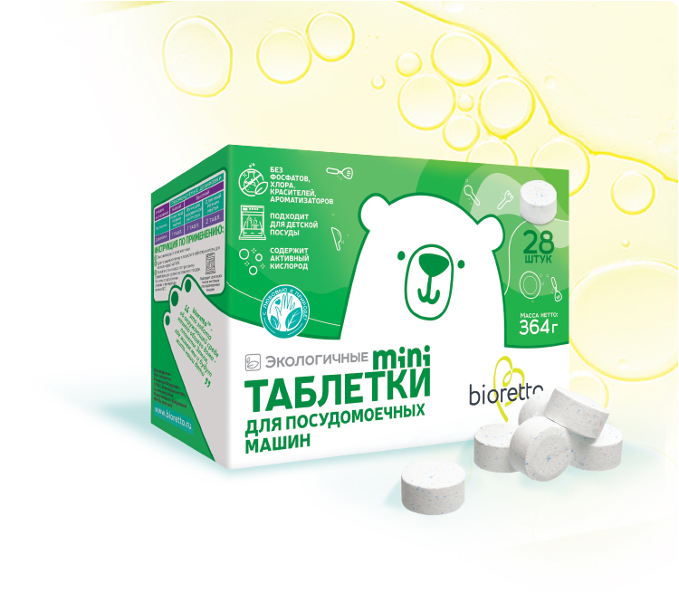 картинка Таблетки для посудомоечной машины bioretto mini, 28 шт. в интернет-магазине российской торгово-производственной компани bioretto